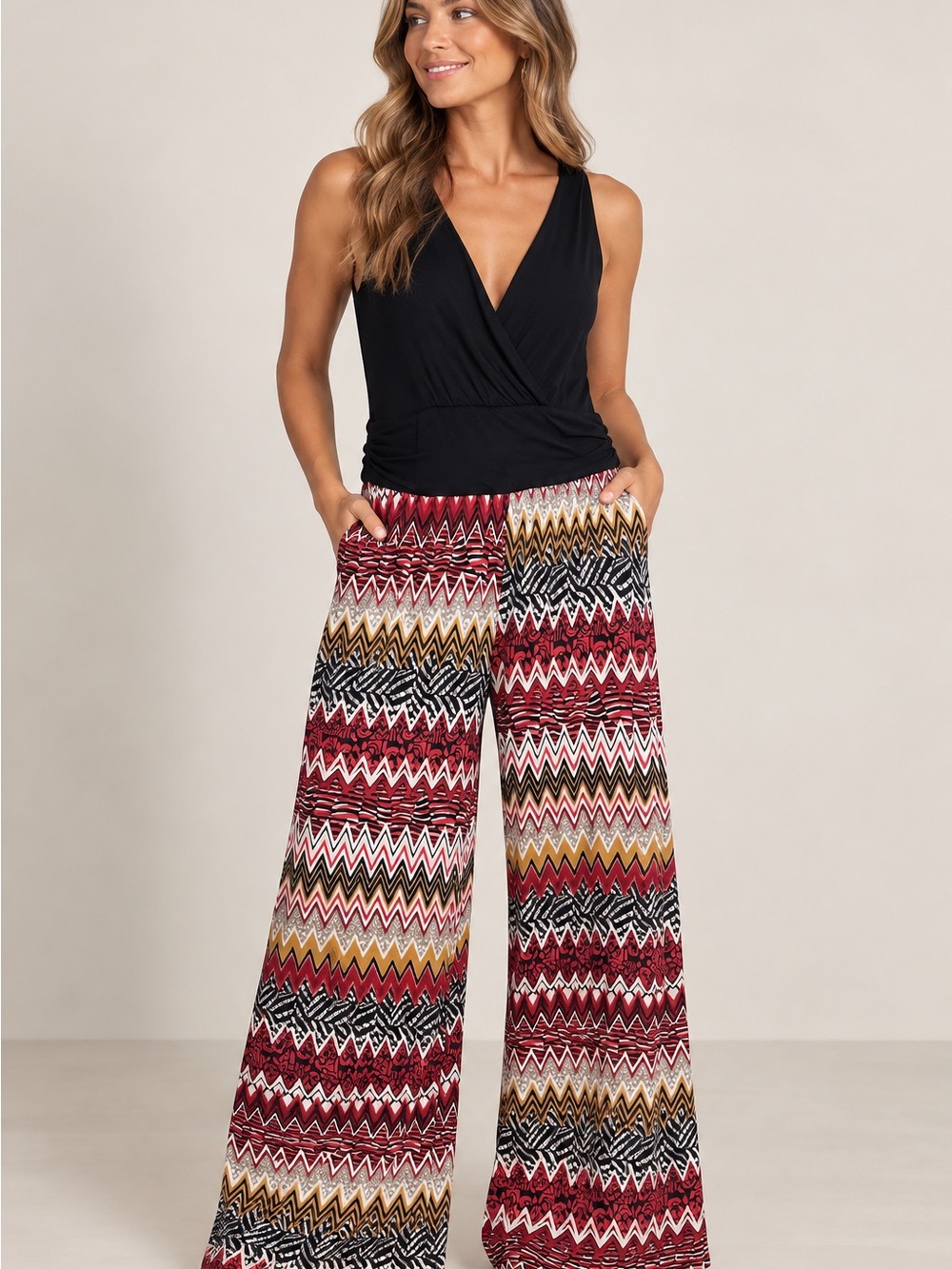 GILLI Large Wide Leg Palazzo Jumpsuit Black Geometric Boho